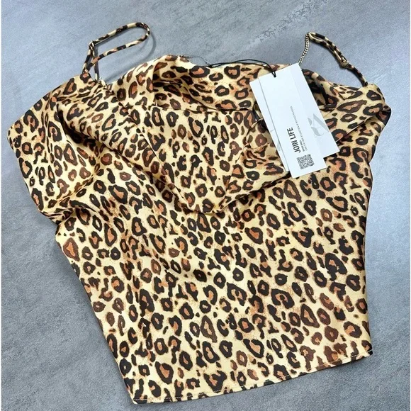 Zara Cami Crop Leopard Animal Print Chain Straps Satin Cami Blouse Tank Top - Picture 7 of 10